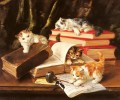 Kittens Playing on a Desk Alfred Brunel de Neuville
